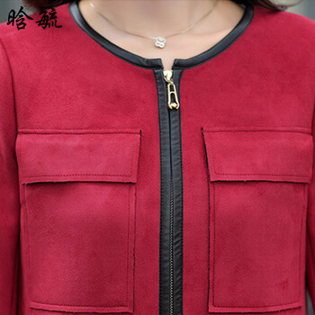晗毓2015秋装新款鹿皮绒修身女装中长款风衣外套女0000 酒红色 L
