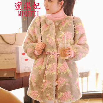 蜜淇妃2015秋冬新款仿皮草女装玫瑰花朵皮草中长款加厚毛毛外套 图片色 均码