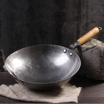 手打铁锅大号 家用无涂层圆尖底炒菜锅传统手工锻打工艺炒锅 36cm 带