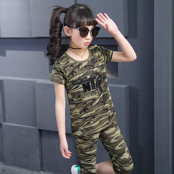 童装2018夏装儿童迷彩服套装女童运动短袖两件套中大童军装潮 字母款