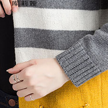 库莉娅韩版宽松长袖女装条纹拼色口袋针织衫开衫外套女K095 红灰 M