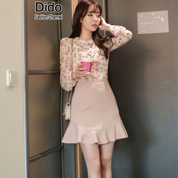 Dido2015秋款女装长袖碎花雪纺衫衬衫裙子两件套装女 粉红色 XL