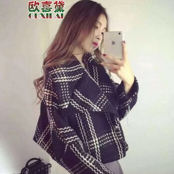 欧喜黛  2015秋冬新款韩版时尚短款格子条纹羊毛呢外套女宽松休闲夹克大衣女潮 黑色 S