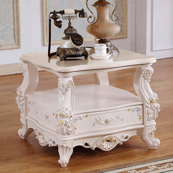 伊莱帝诗 欧式大理石角几 别墅高档大理石角几 实木雕花带抽屉边几