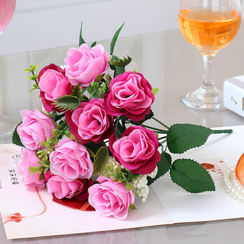 塑料花假花小把束布艺装饰花插花卉干花绢花布花 单束巴黎玫瑰/粉红色