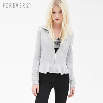 FOREVER21 荷叶边连帽短款卫衣夹克 麻灰色 M