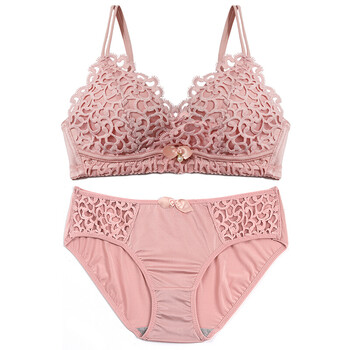 聚拢收副乳小胸性感无钢圈内衣女套装纯色刺绣三角杯胸罩 粉色套装