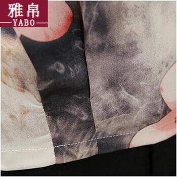 雅帛 2015秋季新款韩版修身圆领印花雪纺衫女长袖打底衫428 红花 L