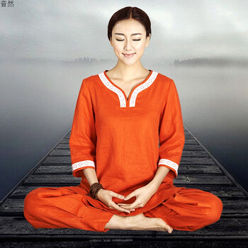 瑜伽运动套装女 瑜伽大师亚麻禅修服 女 居士服 夏季打坐服太极服 桔