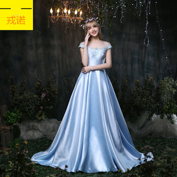 2017春夏新款长款晚礼服子走秀舞台演出一字肩礼服裙子sn5990 浅蓝色