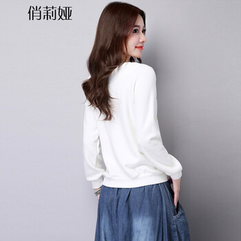 俏莉娅2015秋新款大码卫衣女圆领长袖宽松上衣外套 白色 XXL
