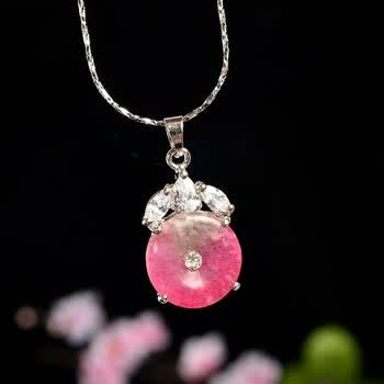 桃花玉挂件精品桃花玉小号平安扣镶嵌锆石吊坠 18x18x3.5mm