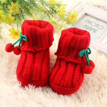 婴儿男女宝宝学步高帮鞋儿童针织春手工编织毛线短靴 加绒小球鞋红色