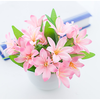 仿真玫瑰植物假花艺盆景摆件小盆栽花卉摆设装饰品aa 圆盆粉色小百合