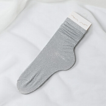 3双装春款韩国金银丝袜子女日系亮丝银葱堆堆袜潮流百搭中筒袜 银灰色