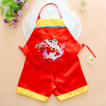 婴儿肚兜锦缎百岁周岁宝宝红肚兜护肚围吉祥中国红肚兜 红小孩套装