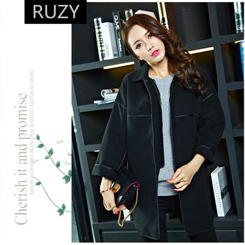 RUZY秋冬韩版女装毛呢大衣风衣外套 黑色 L
