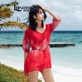 浪比速泳衣女新款分体平角时尚气质性感聚拢三件套泳装 红色 m_现价-1