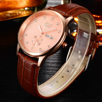 手表 男士时尚仿真皮皮带双日历玫瑰金超薄手表 夜光防水商务腕表机械