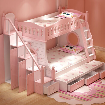 上下床公主床多功能母子床滑梯双层床母子床高低床 粉色双层床 拖床