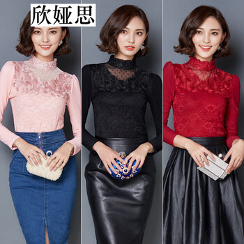 欣婭思 2015秋冬韩版加绒大码长袖T恤修身蕾丝网纱打底衫女潮 粉红色  M