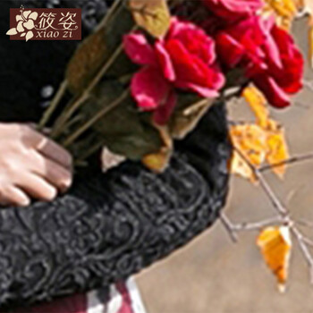 筱姿 烟墨清辉 2015冬季新款 上衣袖子领子兔毛毛领蕾丝加厚打底衫 黑色 L(预售35天)
