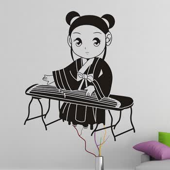 古人思弹古筝的墙贴中国风古筝孩贴画音乐学校教室房装饰贴纸蓝色中