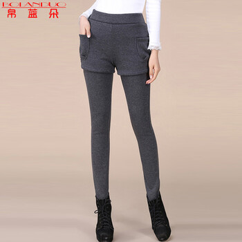 帛蓝朵2015秋冬新款假两件加绒加厚大码打底裤女 深灰色 XXXL