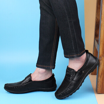 固梦特娇情品牌头层牛皮春季爸爸鞋皮鞋软皮中老年黑色软底驾车鞋透气