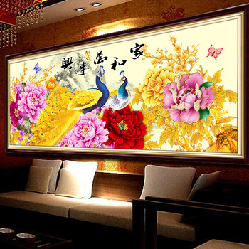 美岸十字绣客厅新款家和万事兴5D钻石画大幅钻石绣贴钻画孔雀砖石绣 吉祥孔雀高端圆钻 127*51CM美不胜收