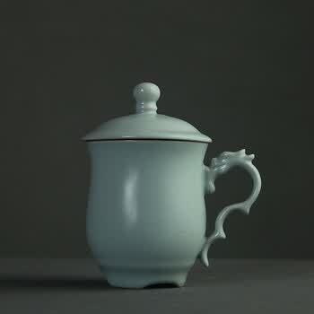 汝窑汝瓷茶杯陶瓷带盖办公室水杯飘逸杯会议商务个人泡茶杯冰裂釉