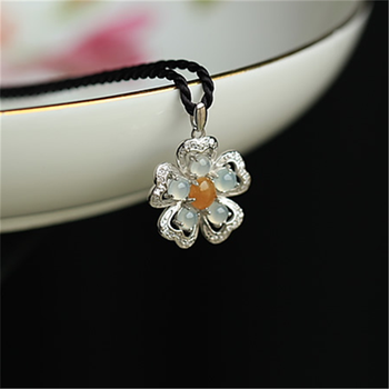 福亿美 翡翠吊坠 925银镶蛋面花卉状吊坠 胸针女款两用 母亲节礼物