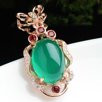 王晓龙珠宝绿玉髓蛋面吊坠 银镶玉女款项链