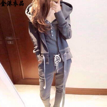 金港衣品2015秋装上新烟灰色连帽运动休闲卫衣套装三件套T恤女9310 图片色厚款 L