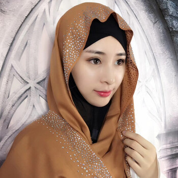 鸾蕊 穆斯林头巾水滴型丝绵烫钻钉珠长巾女夏季纱巾回族民族风盖头msl