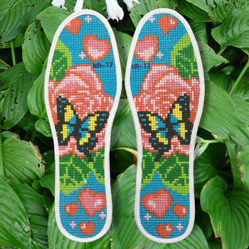 知茗 绣花十字绣针孔鞋垫半成品时尚精准印花手工刺绣 藕色 新蝴蝶花