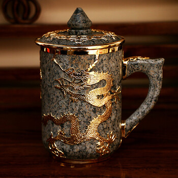 御壶堂麦饭石水杯套装创意杯子家用礼品茶杯茶具龙凤呈祥金镶杯 金镶