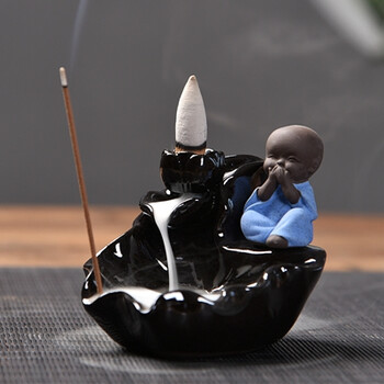 檀香沉香线香塔香插仿古茶宠摆件 蓝色仿古荷叶小僧-不语-倒流香炉