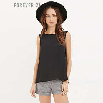 FOREVER21 纯色宽松大摆无袖雪纺衫 黑色 L
