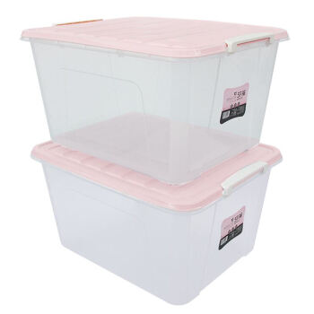 茶花（CHAHUA）茶花透明收纳箱86L大号2个装加厚整理箱储物箱带滚轮 粉色*2个