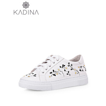卡迪娜kadina 秋季新款印花皮质系带休闲鞋 白色 34(220)