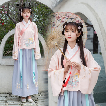 朵漫达2018原创设计传统改良汉服玉兔刺绣交领齐腰襦裙日常琵琶袖 图