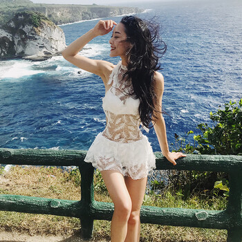 新款钢托聚拢大小胸比基尼立体羽毛含纱裙三角连体泳衣女bikini 裙式