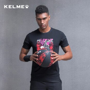 KELME/卡尔美运动T恤男子棉舒适圆领印花短袖篮球文化衫3881514 3881516 黑色 3XL