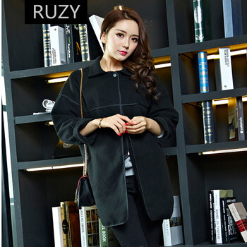 RUZY秋冬韩版女装毛呢大衣风衣外套 黑色 L