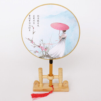 复古风团扇宫扇 圆形手工古典女式扇子 宫廷汉服舞蹈扇 蓝桥春雨(宫扇