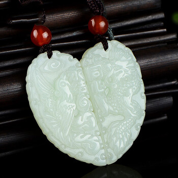 和田玉龙凤玉佩一对男女对牌开光永结同心玉坠情侣对玉送证书
