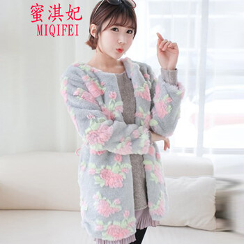 蜜淇妃2015秋冬新款仿皮草女装玫瑰花朵皮草中长款加厚毛毛外套 图片色 均码
