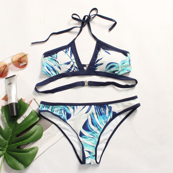 新品2018新款欧美风时尚印花抹胸开胸分体比基尼泳衣 图片色 xl