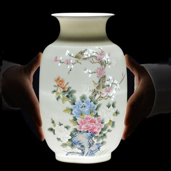 景德镇陶瓷器 半刀泥手绘粉彩玉堂富贵花瓶摆件 家居装饰工艺礼品瓷